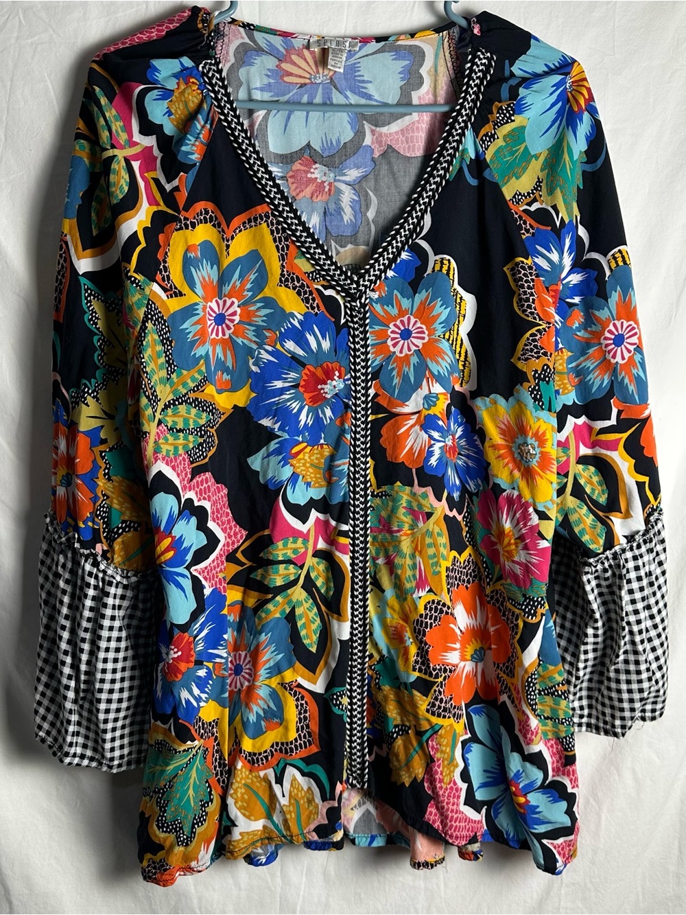Spense Black Floral V-Neck Tunic with Bright Multi-Color Blooms